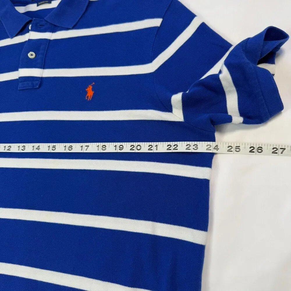 Polo Ralph Lauren Mens L Polo Classic Blue White Striped Pony Custom Fit Rugby